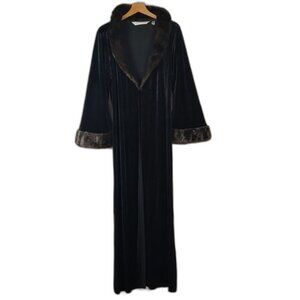 90s Rare Victoria's Secret Long Black Faux Fur Trim Lined Sexy Robe EUC